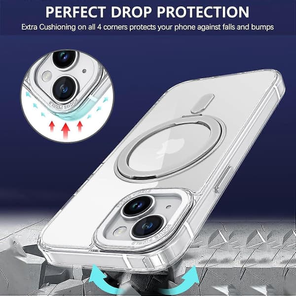iPhone 15 Case for MagSafe with Stand Clear Wireless Lightweight Thin TPU Bumper PC Case Cover Mobile Phone Case for 6.1 Inch Transparent