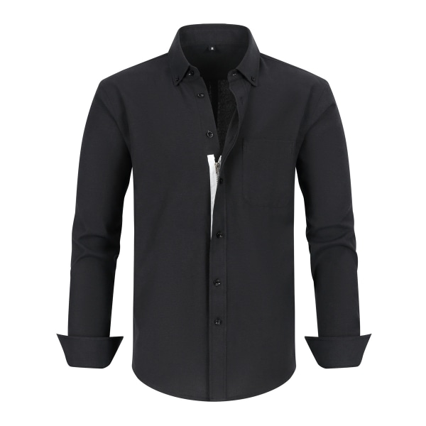 Spot populär Oxford-skjorta för män med dragkedja för män, falska långärmade knappar, gränsöverskridande herrkläder i ren färg black XS