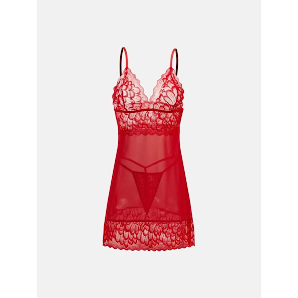 Sexig spetsnattlinne med hängslen i mesh, genomskinlig, sexig dräkt red 5XL
