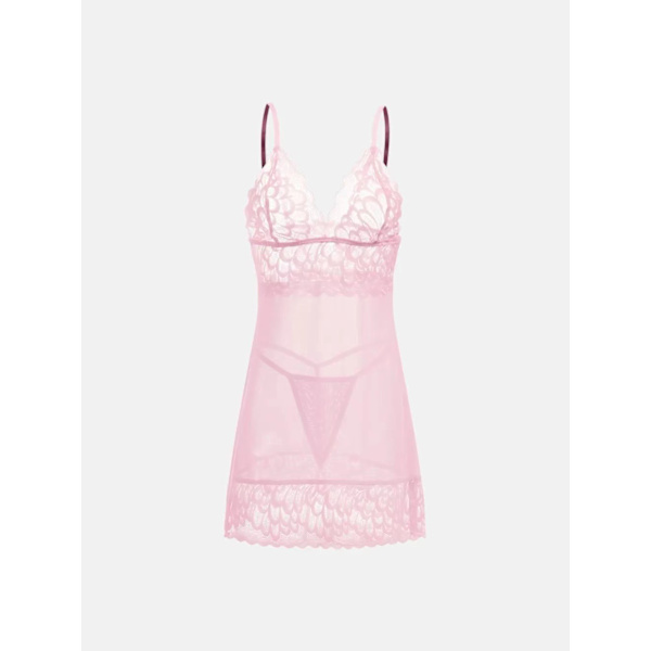 Sexig spetsnattlinne med hängslen i mesh, genomskinlig, sexig dräkt pink S