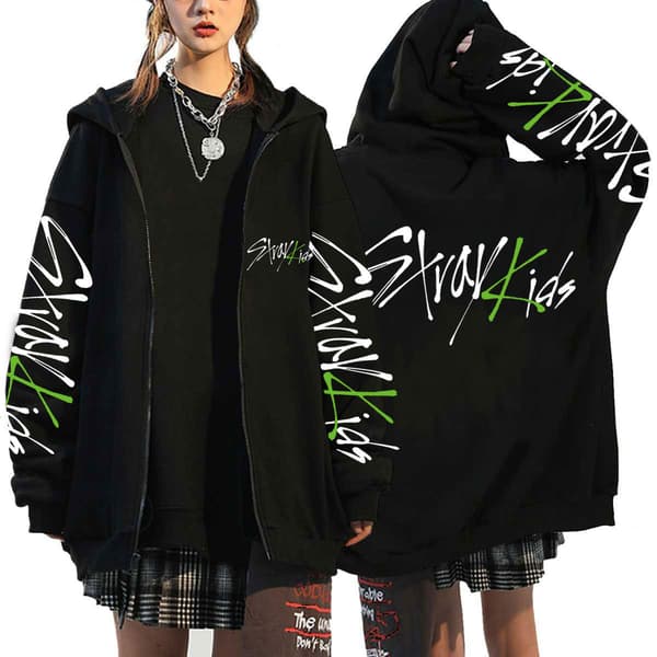 Straykids trykket hettegenser løs glidelås hettegenser Black 2 S