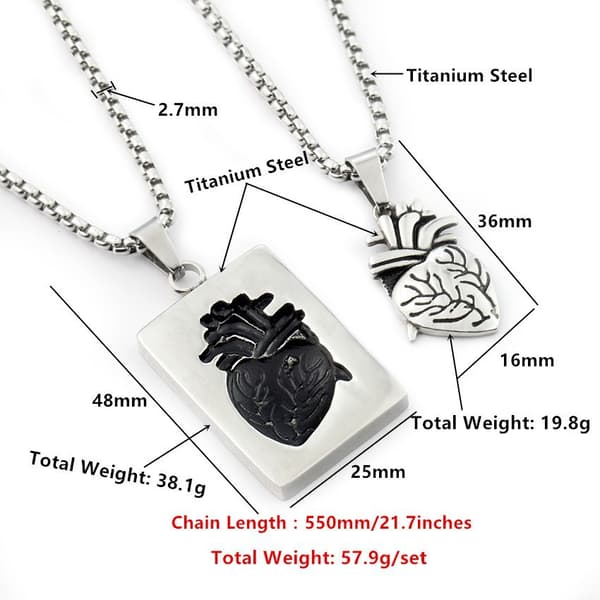 Parhalskæde, hjerteformet perlekæde, rock-stil vedhæng, parhalskæde Silver (one set)
