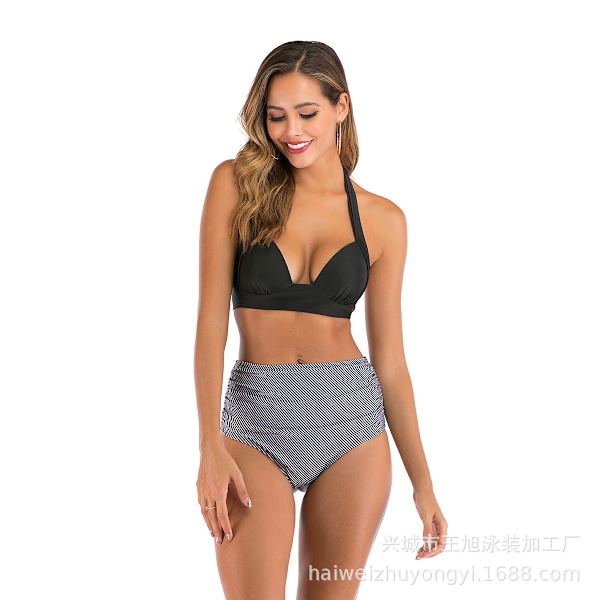 Ny delad baddräkt sexig enfärgad tryckt bikini baddräkt dam Black bag+pants S