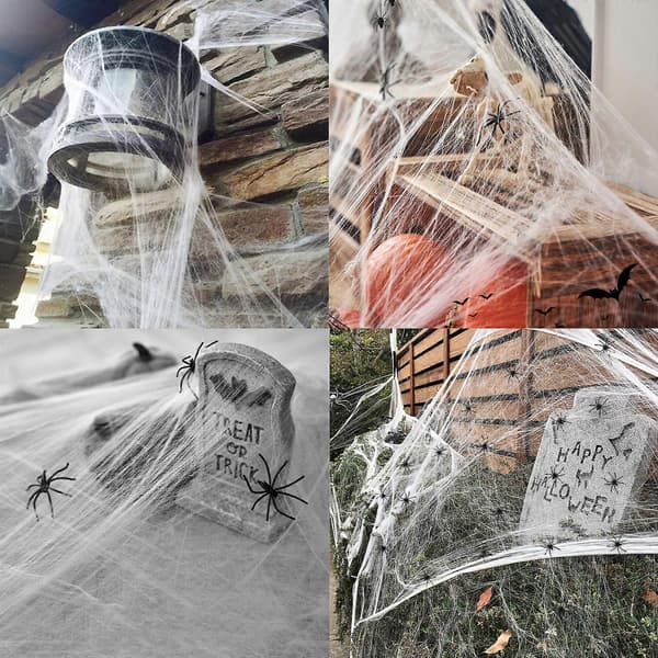 Edderkoppespind af bomuld med plastik-edderkopper til Halloween-festdekoration