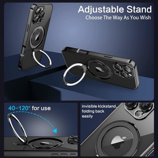 Deksler til iPhone 16 Pro – Justerbar Ringstativ, Omfattende Kamerabeskyttelse, Fallsikker og Støtsikker Deksel (Svart)
