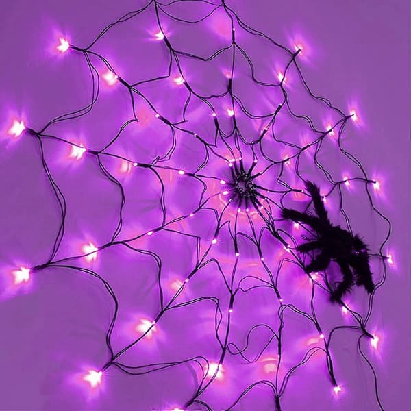 Ctmw Halloween 96 LED Lilla Spindelvævslys med Edderkop, 8 Tilstande Lysende Spindelvæv Halloween D