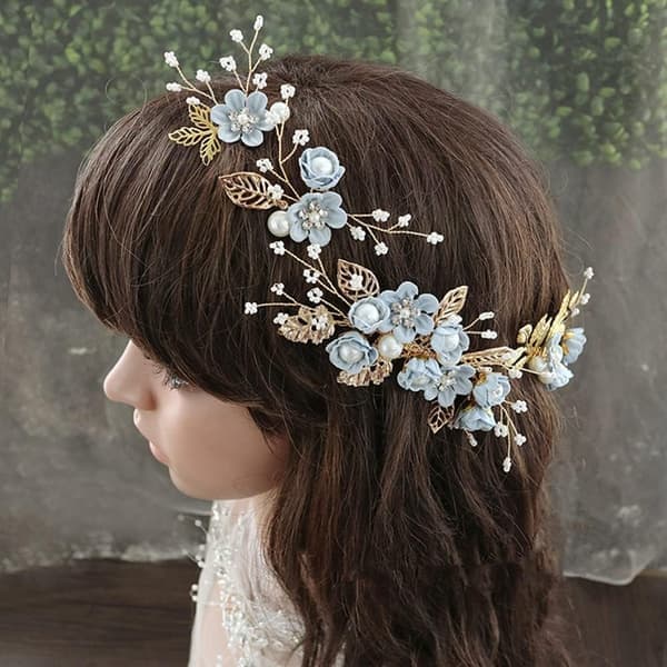 Bryllupshårkam Perle Krystall Dekor Klips Nål Rhinestone Blomst Bryllupshårtilbehør for Brud Brudepike Blå