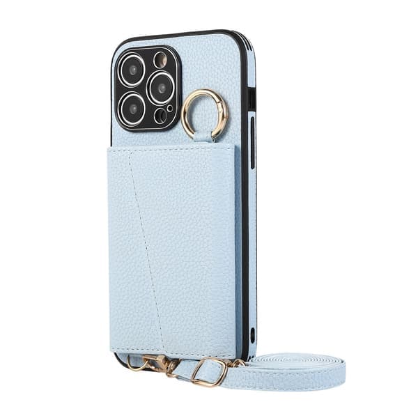 Fodral för iPhone 16 blå [med crossbody-rem] lämplig sminkspegel läderkortsficka