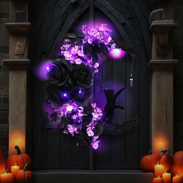 Halloween-skilte Måneformede dørkranse Roser Sorte Katte Guirlande, A
