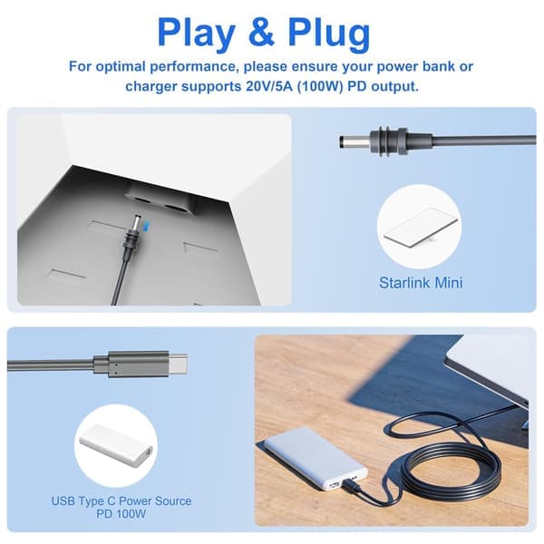 Starlink 2m Mini-kabel USB-C til DC Vanntett 100W Inngang Utendørs Camping Reise Arbeid