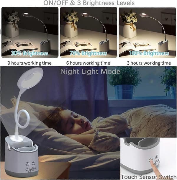 Bordlampe for barn 3 lysmoduser USB oppladbar 1800mAh Li-batteri leselampe med nattlys