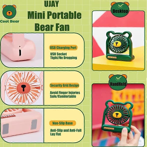 Bordventilator, Mini Bærbar Ventilator til Indendørs Brug, Cool Bear Desktop Køleventilator, Enkelt Knap