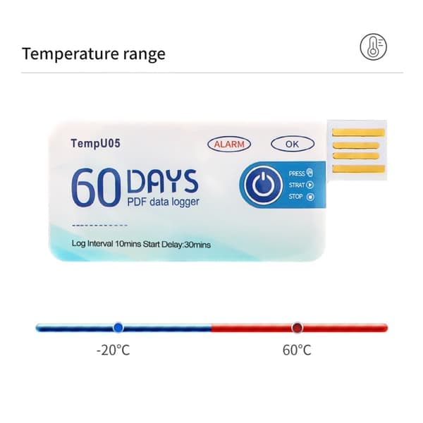 60 dagers engangs temperaturlogger 10000 punkter