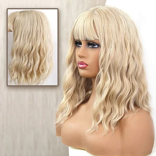 Blond vågig peruk med lugg syntetisk cosplay
