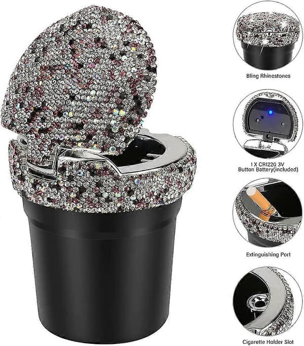 Askkopp för bil, Bling Diamond Bilaskkopp med lock, Rökfria bärbara bilcigarettaskkoppar med LED-ljus