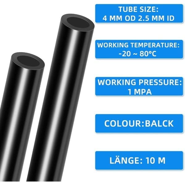 PU Polyurethan Luftslangesæt, 10M Sort PU Luftslange, 4mm OD x 2.5mm ID med 14 Koblinger