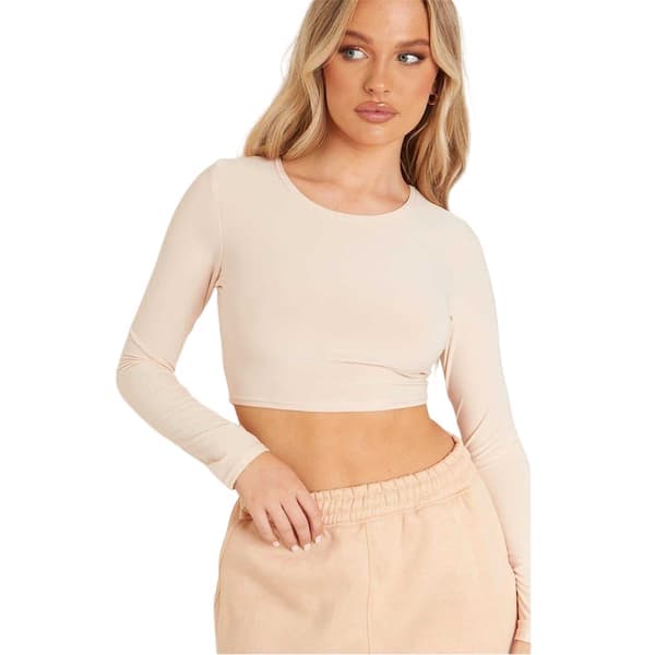 Missy Empire Dame Crew Neck Langærmet Cropped Top 4 UK Stone 4 UK