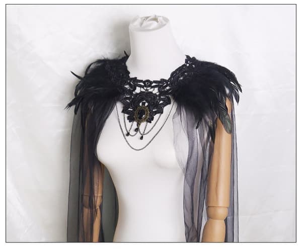 Halloween Fjer Kappe Sort Pels Krave Mesh Kappe Midi Nederdel Scenekostume Knapper sort black
