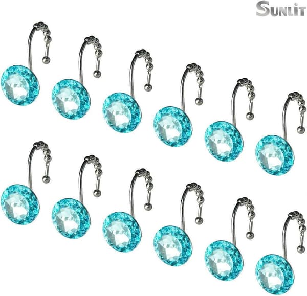 Rund turkos diamantjuvel med glidande kulduschdraperikrok, duschdraperiring - 12-pack