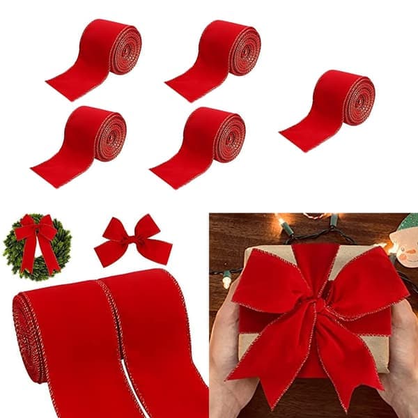 5 ruller fløyelsbånd i polyester, håndlagde sløyfer til juletrepynt