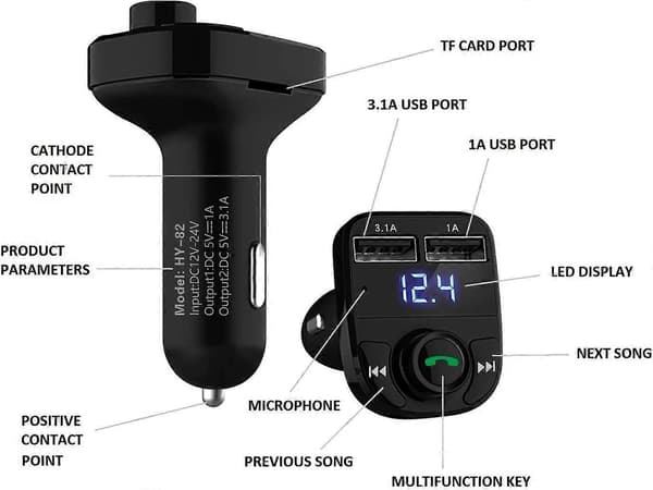 Håndfri bil lader, trådløs Bluetooth FM-sender radiomottaker, dobbel USB-port lader