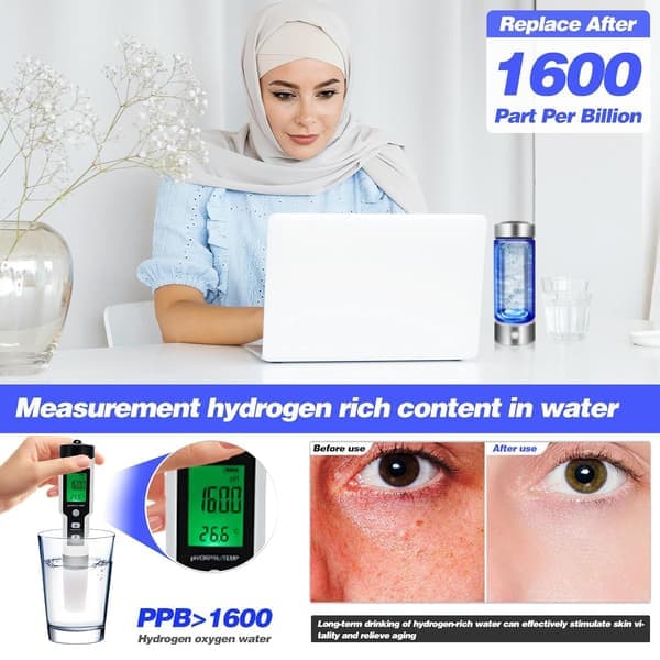 Hydrogen Vann Generator, Hydrogenberiket Vann Glass Helsekopp, Opptil 1600PPB Sølv