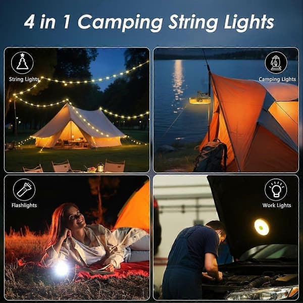 2-pak campinglyskæder, 4-i-1 hurtig opbevaring campinglys, 8 tilstande 10 meter hængende teltlys, genopladelig campinglygte