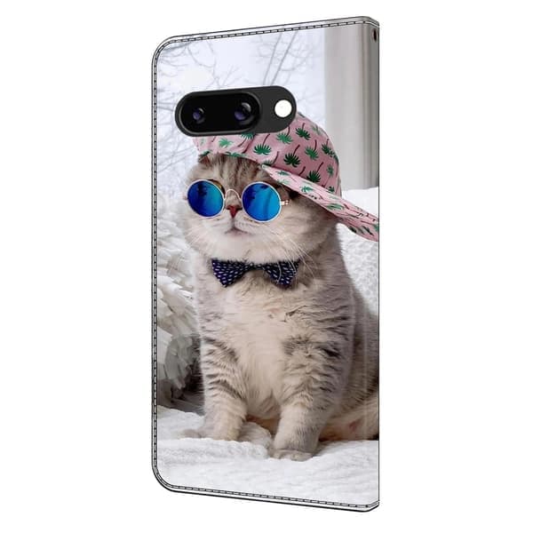 Google Pixel 9a Plånboksfodral Mönstertryck Stativ Läder Flip Telefonfodral - Katt i Hatten Silvergrå