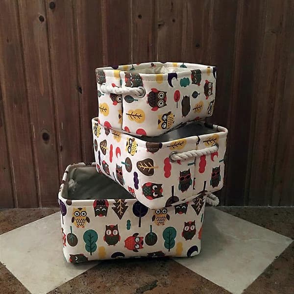 Förvaringslåda av högkvalitativ bomull och linne, vävt handtag av ren bomull, med högkvalitativt polyesterfoder L Storlek 35x25x16cm (Uggla)