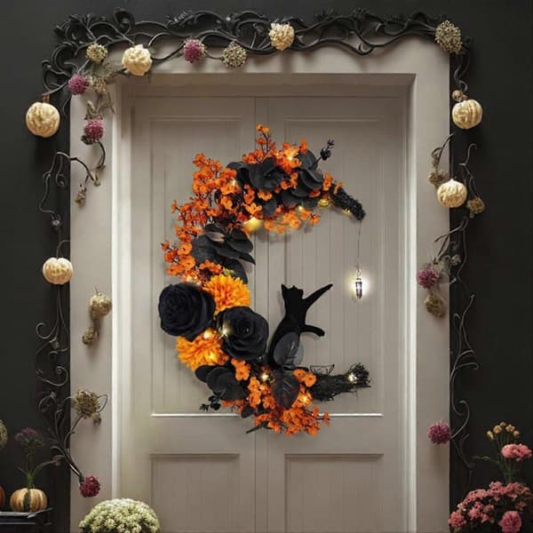 Halloween-skilte Måneformede dørkranse Roser Sorte Katte Guirlande, A