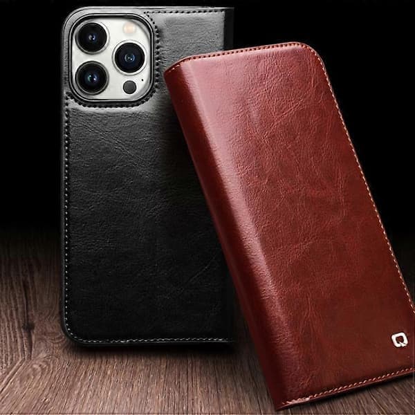 QIALINO Klassisk Ægte Lædercover til iPhone 15 Sort iPhone 15 Black iPhone 15