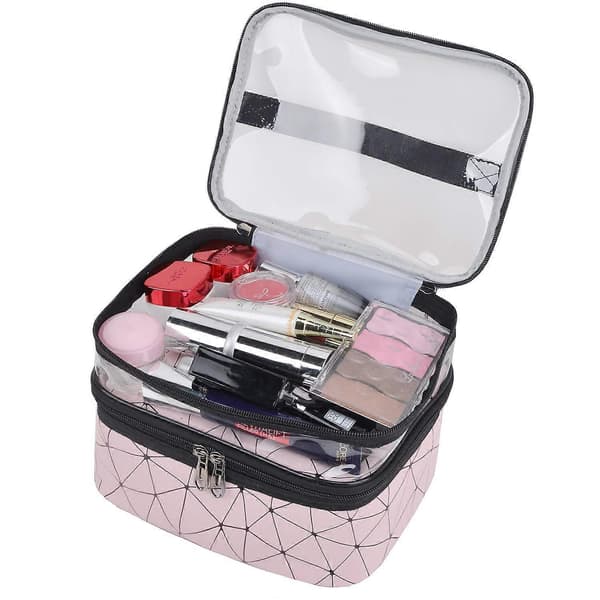 Makeup tasker Dobbeltlags rejse kosmetiketuier Make up Organizer (Pink)