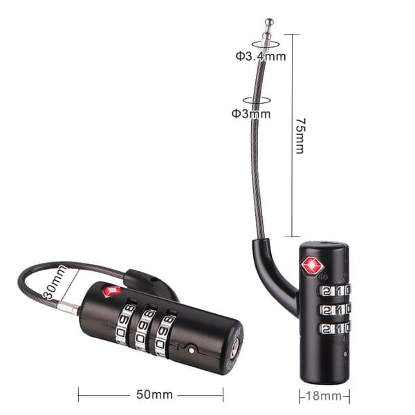Bärbart säkerhets-TSA-tullkodlås lösenord stålkabel svart Black