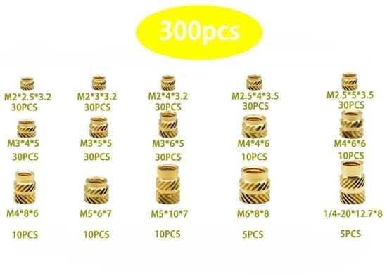 300 Gevindindsatser, M2, M2.5, M3, M4, M5, M6, Messing Varmeindsatser til Plastdele/3D Printerdele.