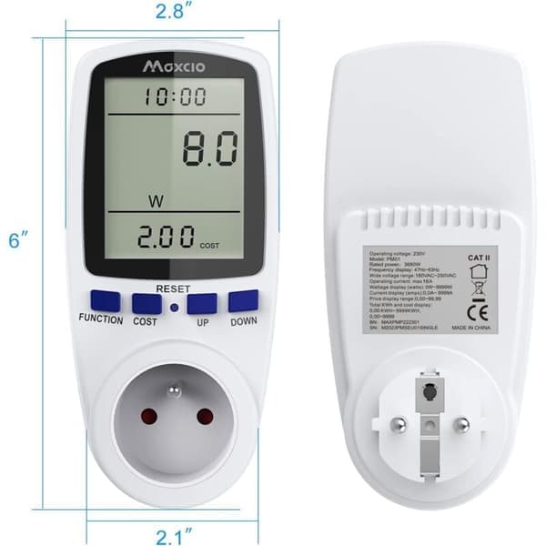 Digital effektmätare med stickpropp, bakgrundsbelyst LCD-display. Mätlägen: effekt, spänning, ström. Max 3680W
