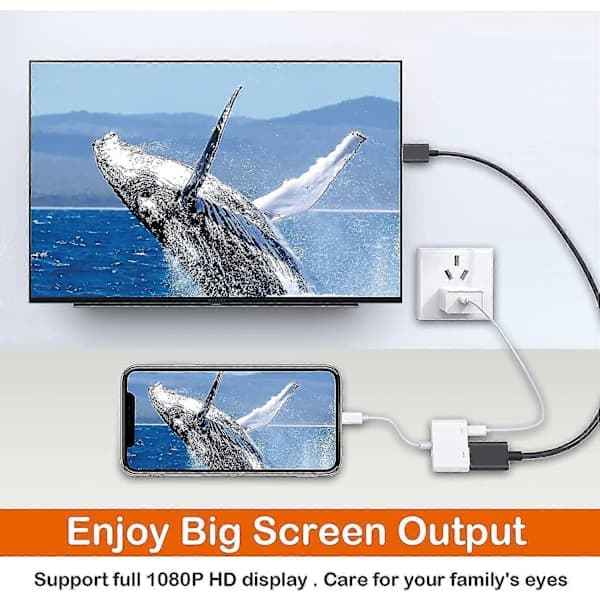 HDMI-adapter for iPhone til TV, 1080p digital AV-adapter kompatibel med iPhone og iPad (må kobles til strøm)