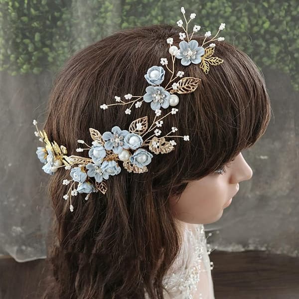 Bryllupshårkam Perle Krystall Dekor Klips Nål Rhinestone Blomst Bryllupshårtilbehør for Brud Brudepike Blå