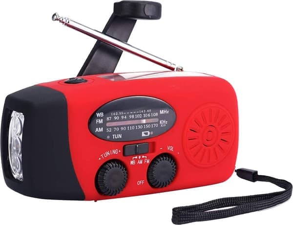 Punainen hätäradio, kampi, aurinkoenergialla toimiva AM FM -dynamoradio taskulampulla ja virtapankilla
