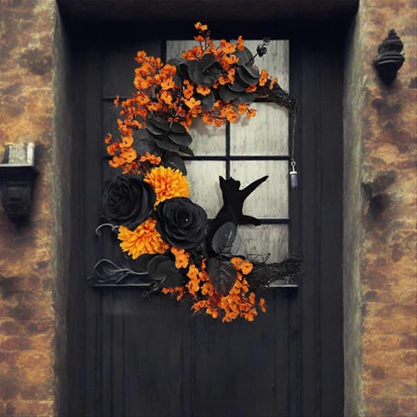 Halloween-skilte Måneformede dørkranse Roser Sorte Katte Guirlande, A