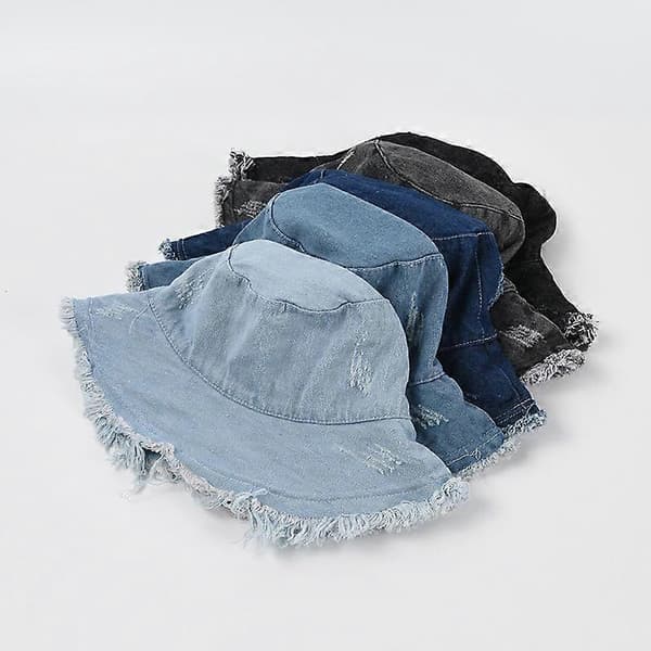 Hinkformad solhatt, högkvalitativt denimtyg, fransad kantdesign, tassavtrycksdesign (denimsvart)