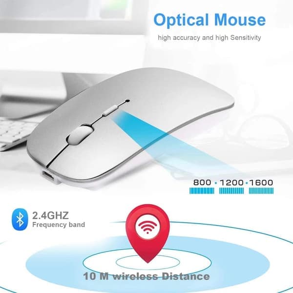 Bluetooth-mus til bærbar computer/iPad/iPhone/Mac (iOS 13.1.2 og nyere)/PC, genopladelig lydløs mini trådløs mus kompatibel med Android/Windows, sølv