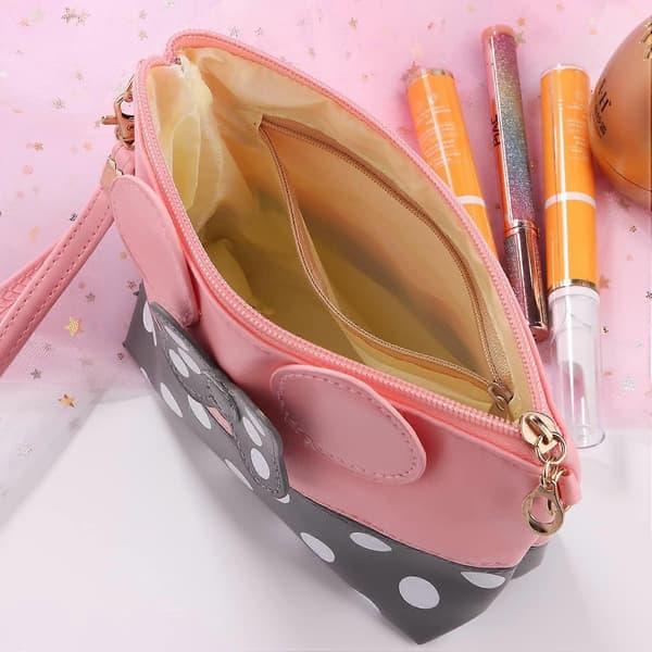 2 stk. sød makeuptaske - Rejse-makeuphåndtaske i læder med lynlås, pink og sort