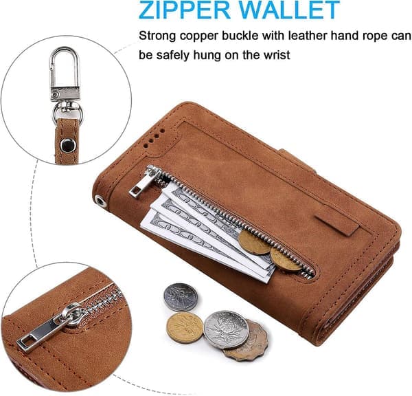 Wallet Case til iPhone SE 2022 5G/iPhone 7/iPhone 8/iPhone SE 2020, 9 Kort Holder Rum Lynlås Pung Case PU Læder Case - Brun