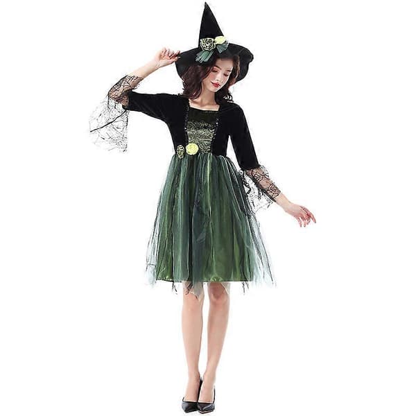 Halloween Grøn Heksekostume Kjole med Hat til Kvinder Fest Cosplay
