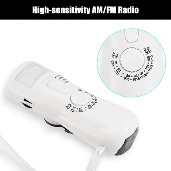 Kannettava hätävirransyöttö käsikampidynamolla, AM/FM-radiolla, taskulampulla ja kompassilla