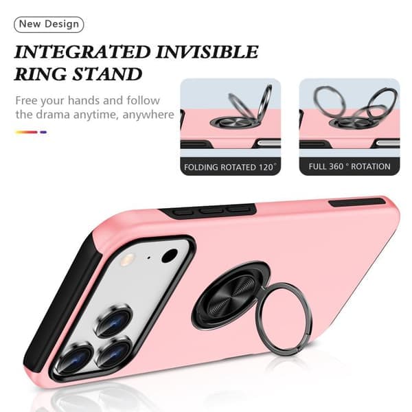 iPhone 17 Pro-deksel med magnetisk ringholder og TPU, usynlig design, rosegull Roséguld