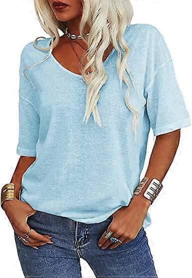 Dame Mode V-hals Halværme Oversized T-shirt Ensfarvet Afslappet Løs Basic Top
