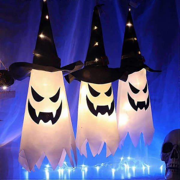Lysende spøgelse og heksehat dekorationssæt til indendørs og udendørs Halloween-belysning (3 stk.)
