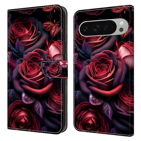 Google Pixel 9 Pro XL Plånboksfodral Mönstrat Tryck Stativ Läder Flip Telefonfodral - Svart Rosröd
