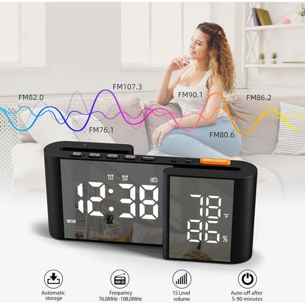 LED Dimmer Vekkerklokke FM-radio Sleep Timer Temp Snooze USB-lading